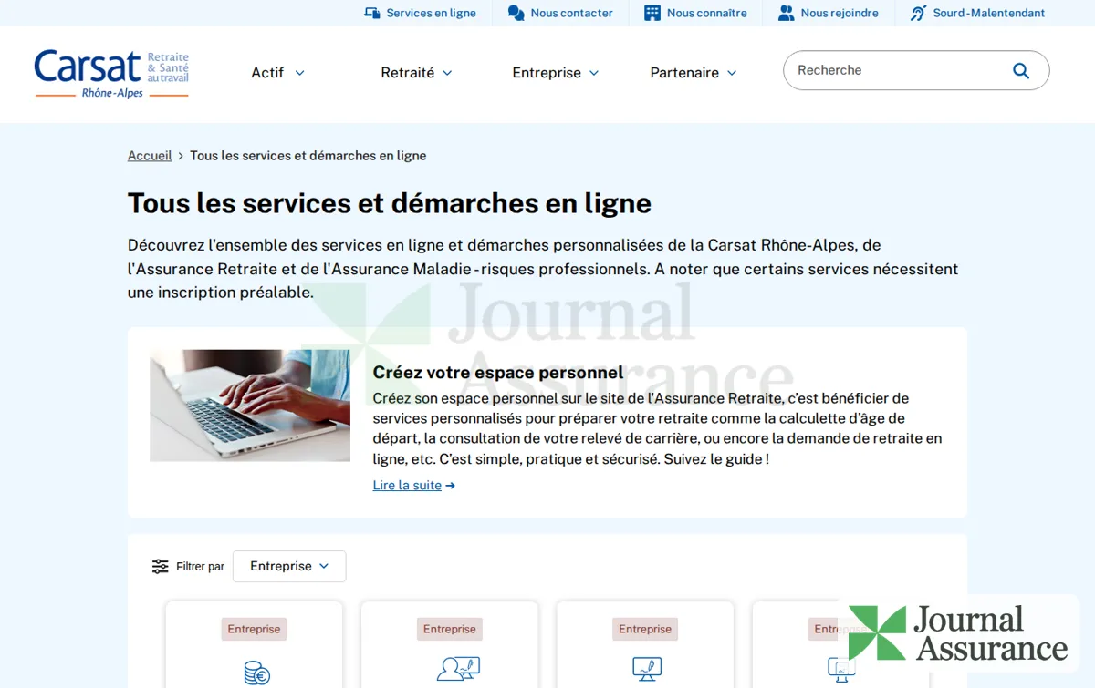 Capture : Tous les services et démarches en ligne - Carsat Rhône-Alpes - Votre caisse d'assurance retraite et de la santé au trava